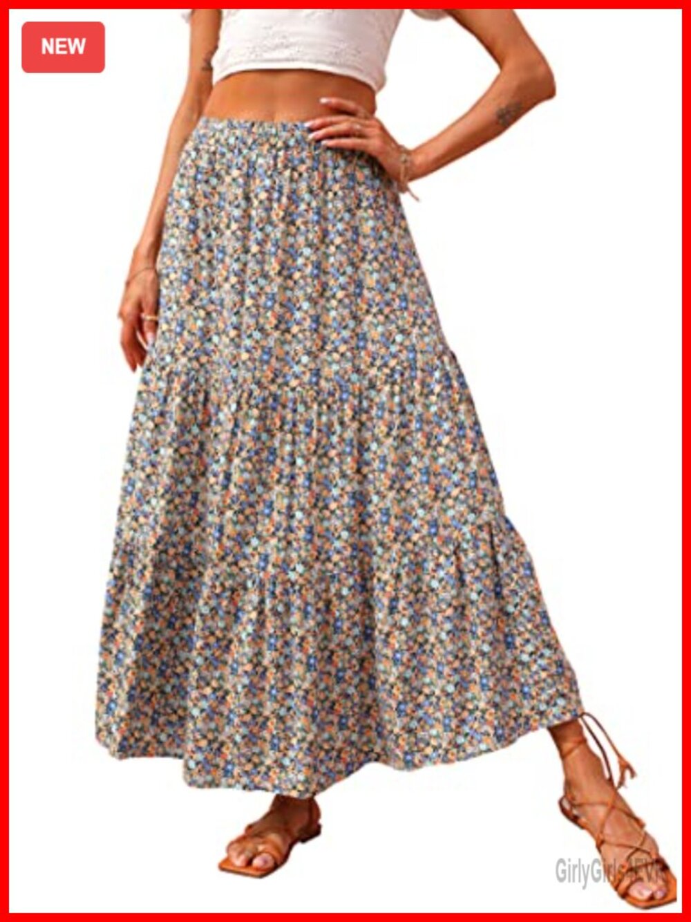 Boho Floral Maxi Skirt High Waist Pleated Flowy A-Line Summer